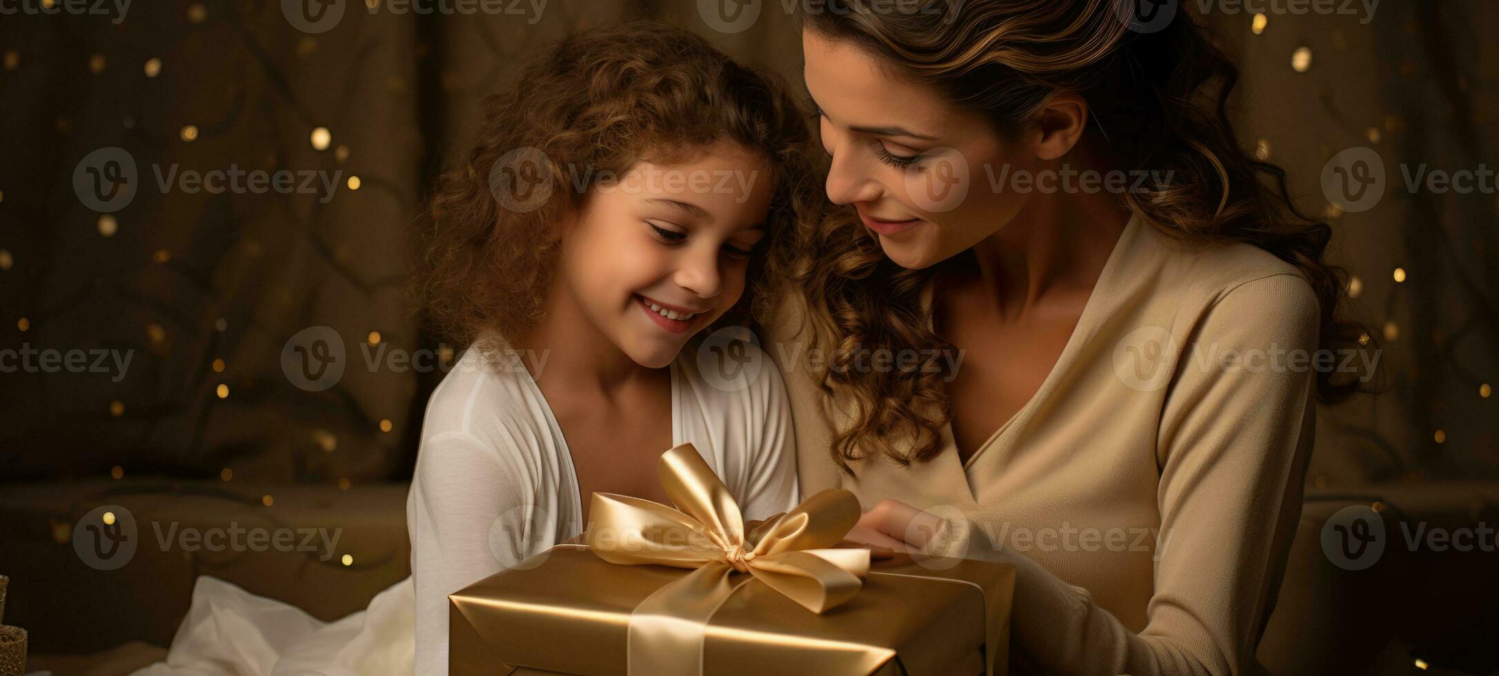 madre hija unión presente regalo oro tema Navidad, ai foto