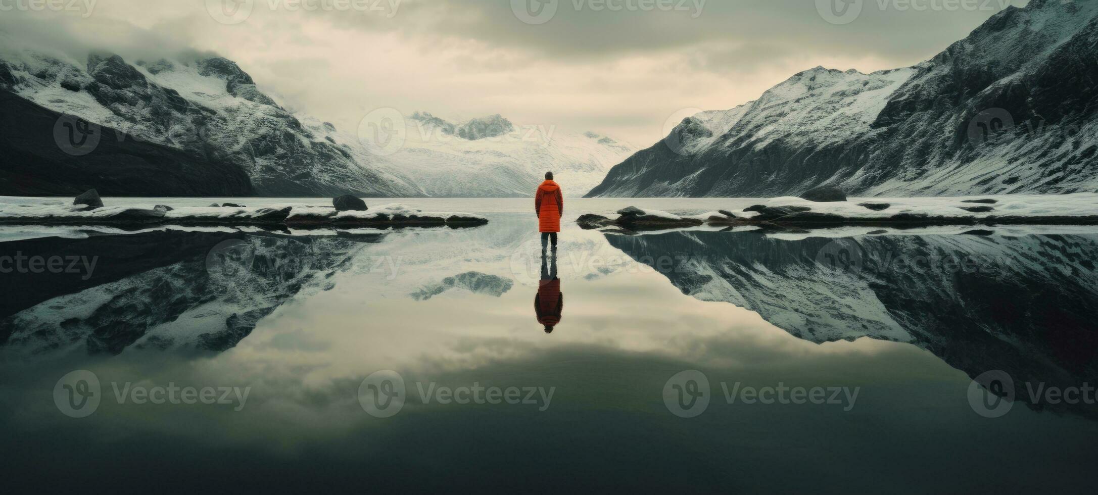 man walking in water lake mountain silhouette, ai photo