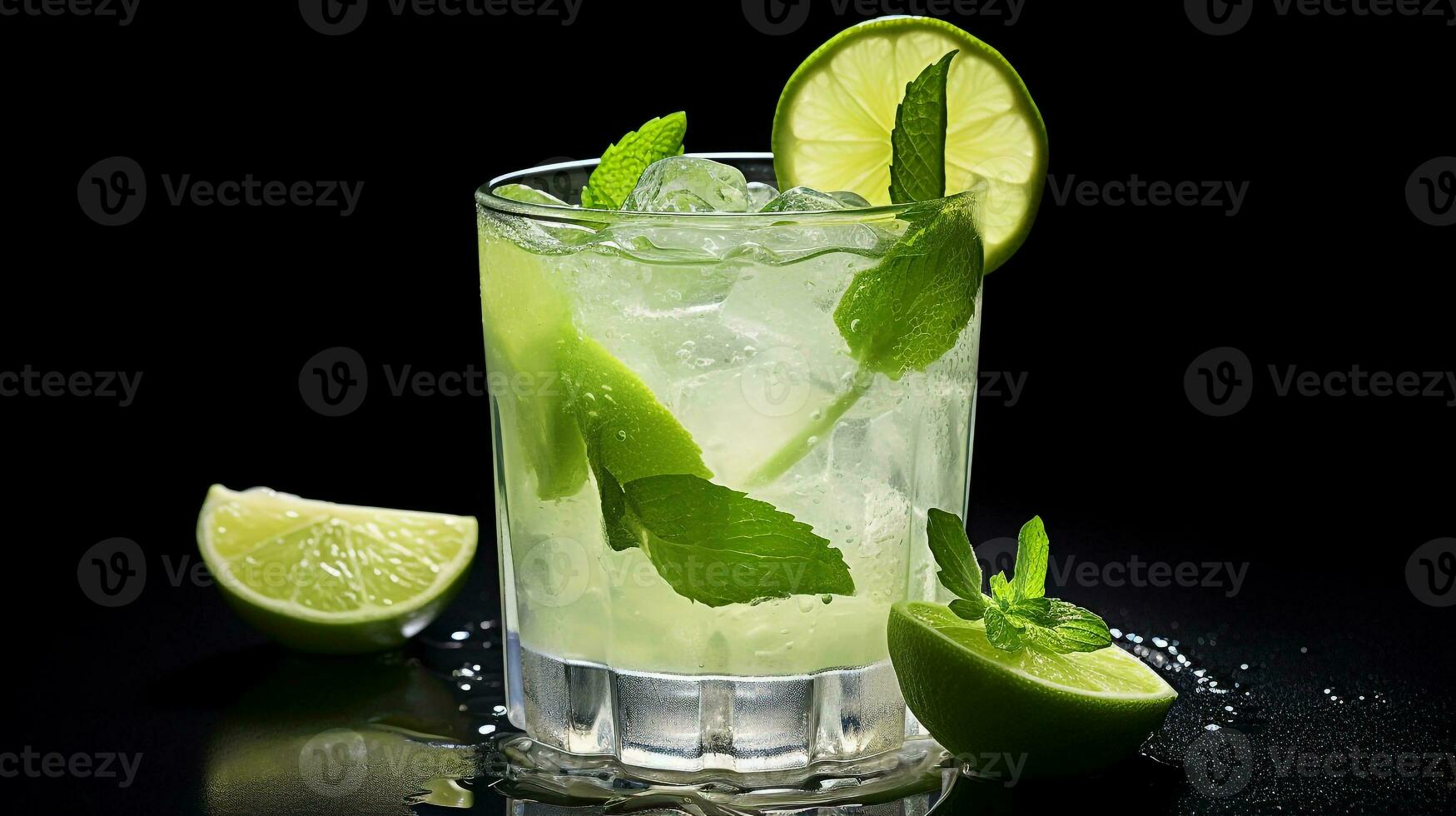 Photo of a Caipirinha drink isolated on black background. Generative AI