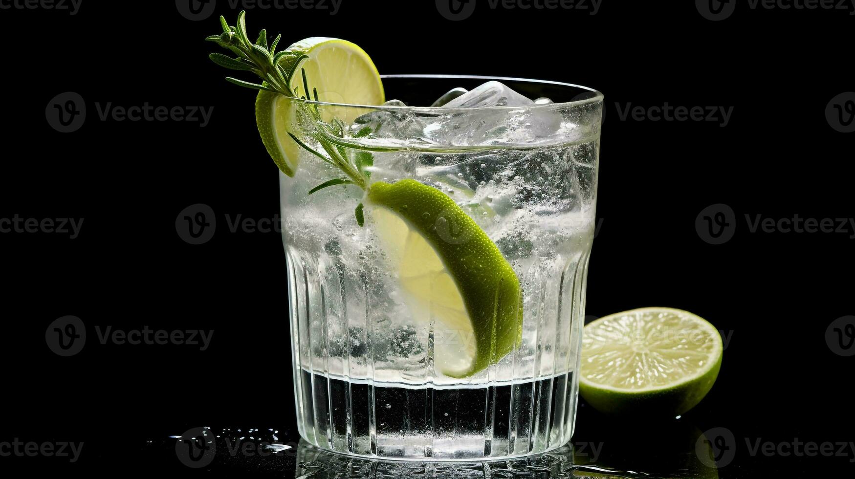 Photo of a Gin and Tonic drink isolated on black background. Generative AI