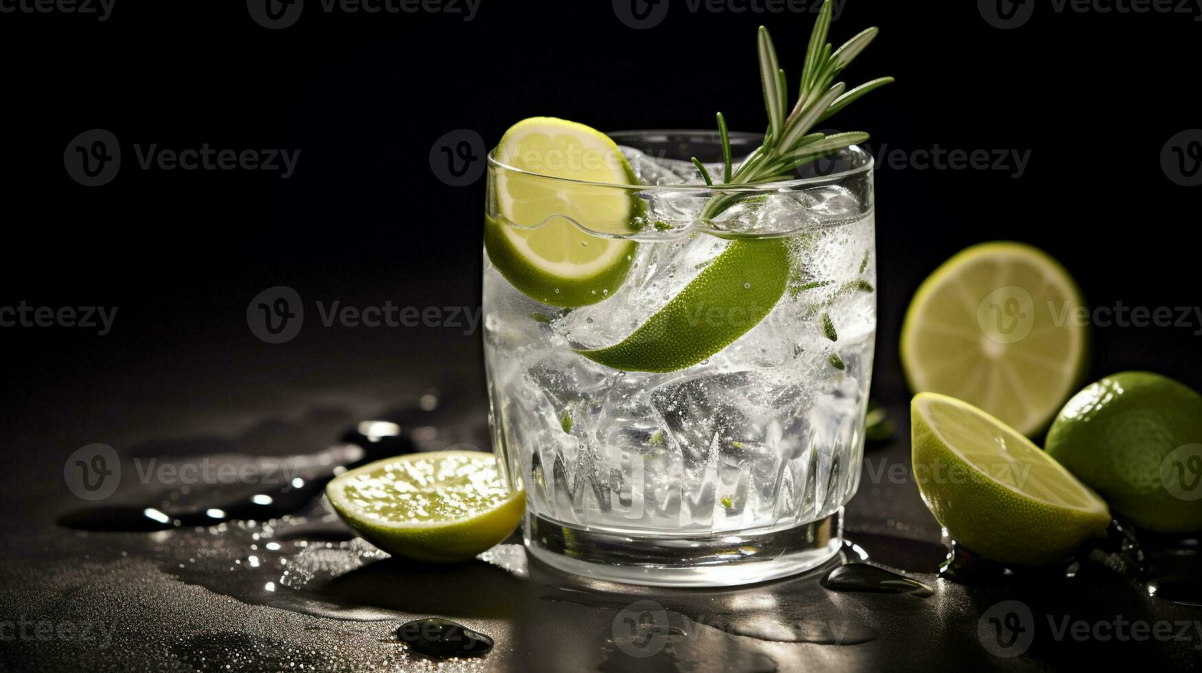 Photo of a Gin and Tonic drink isolated on black background. Generative AI