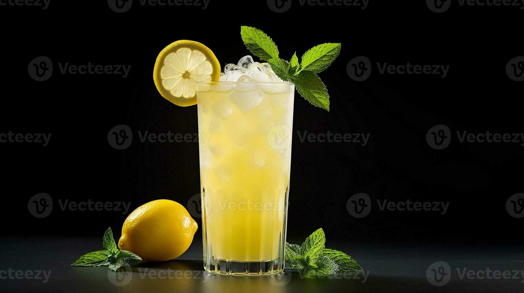 Photo of a Lemonade drink isolated on flat black background. Generative AI