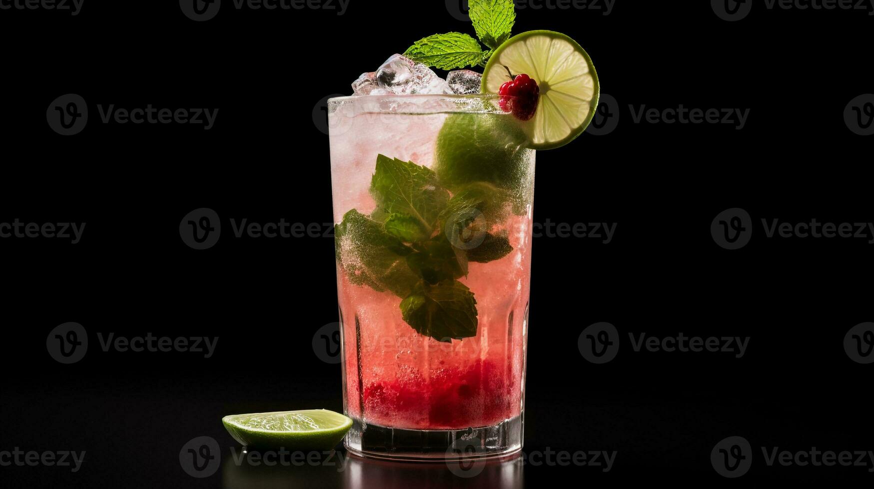 Photo of a Rhubarb Mojito isolated on flat black background. Generative AI