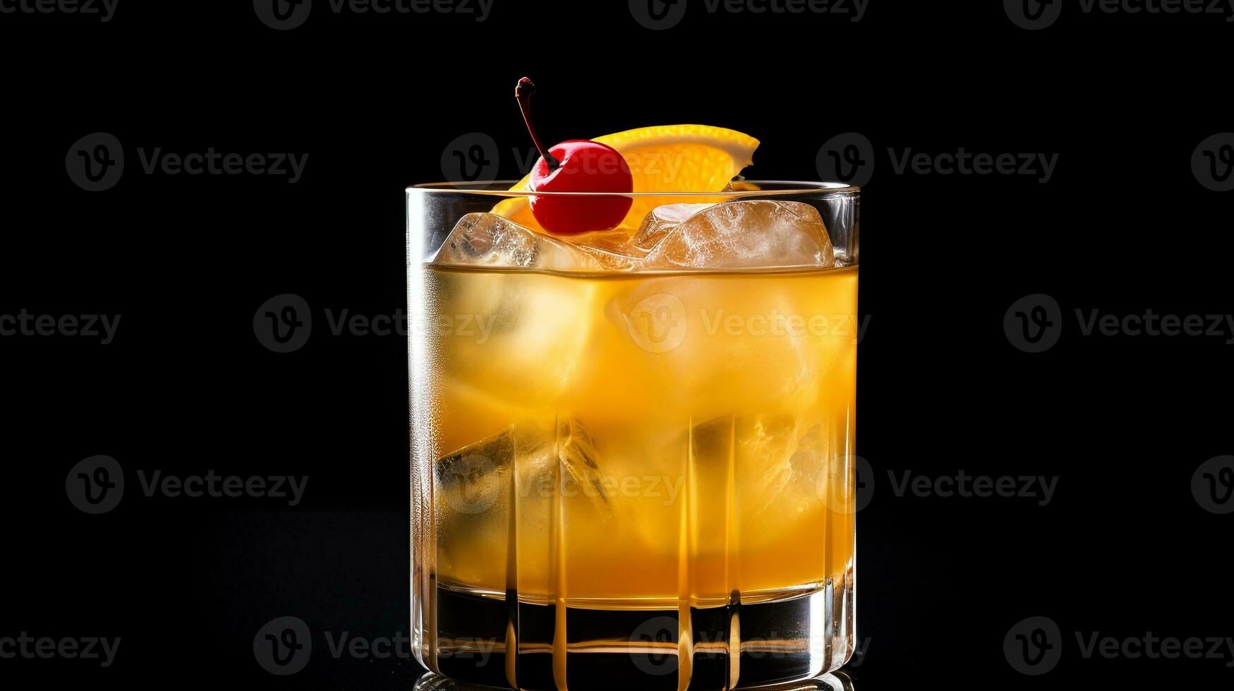 Photo of a Whiskey Sour isolated on flat black background. Generative AI