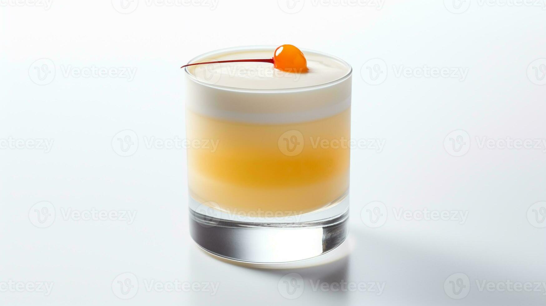 Photo of a Whiskey Sour isolated on flat white background. Generative AI