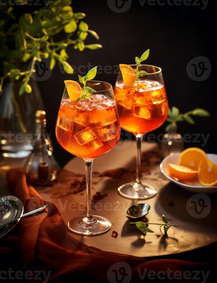 Photo of some Aperol Spritz drink elegantly plated on a table. Generative AI