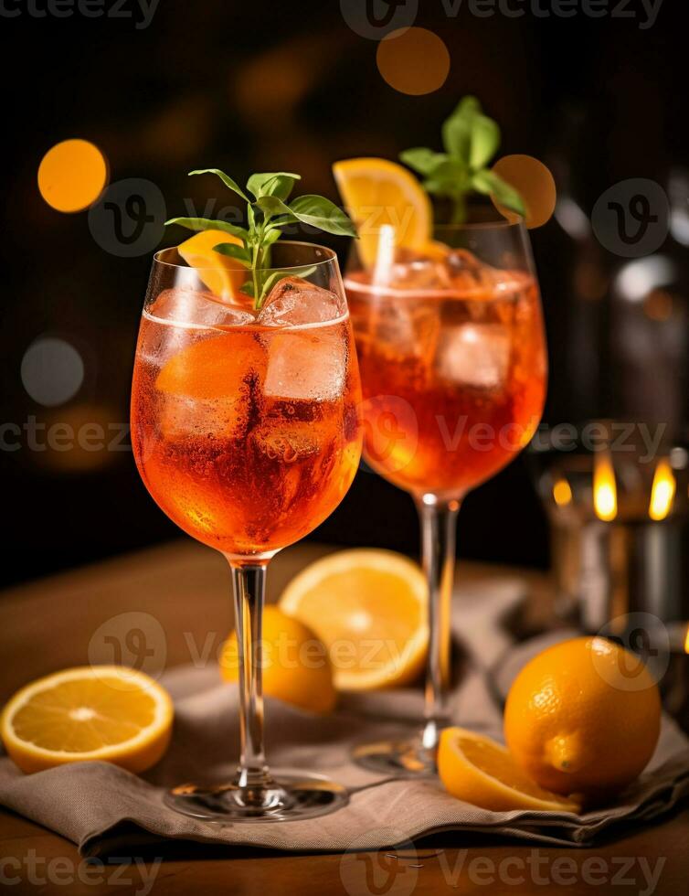Photo of some Aperol Spritz drink elegantly plated on a table. Generative AI