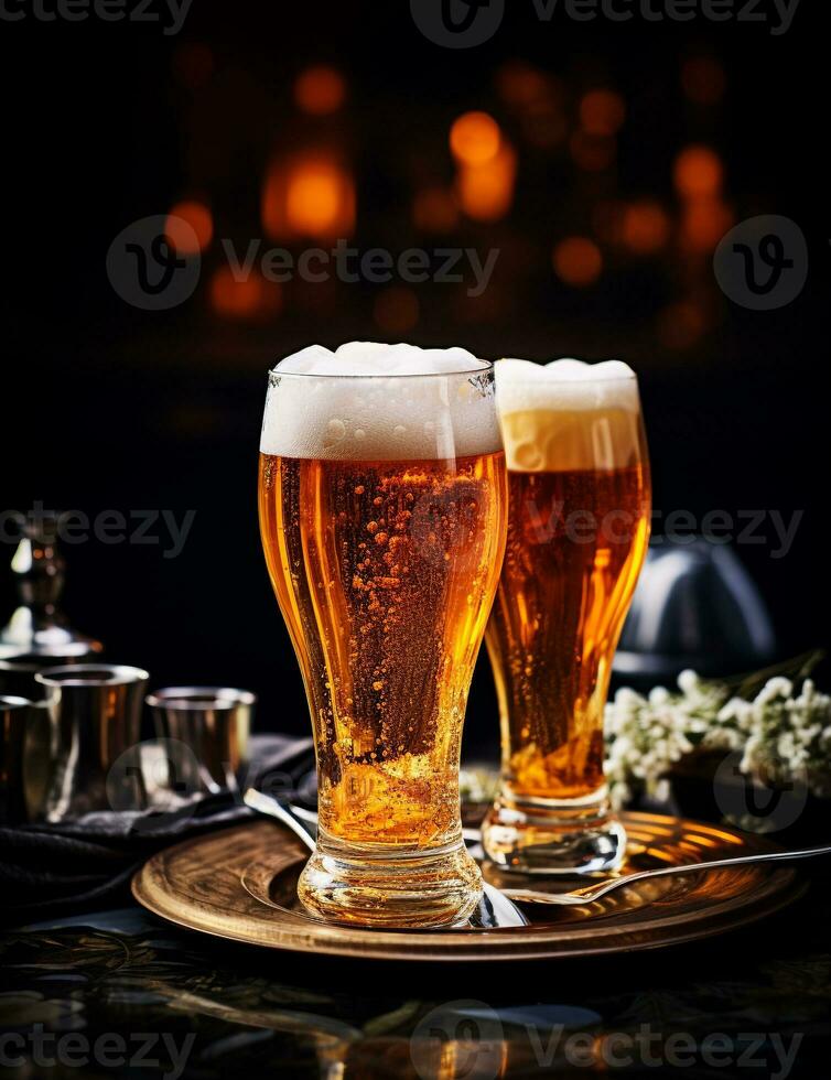 Photo of some Beer drink elegantly plated on a table. Generative AI