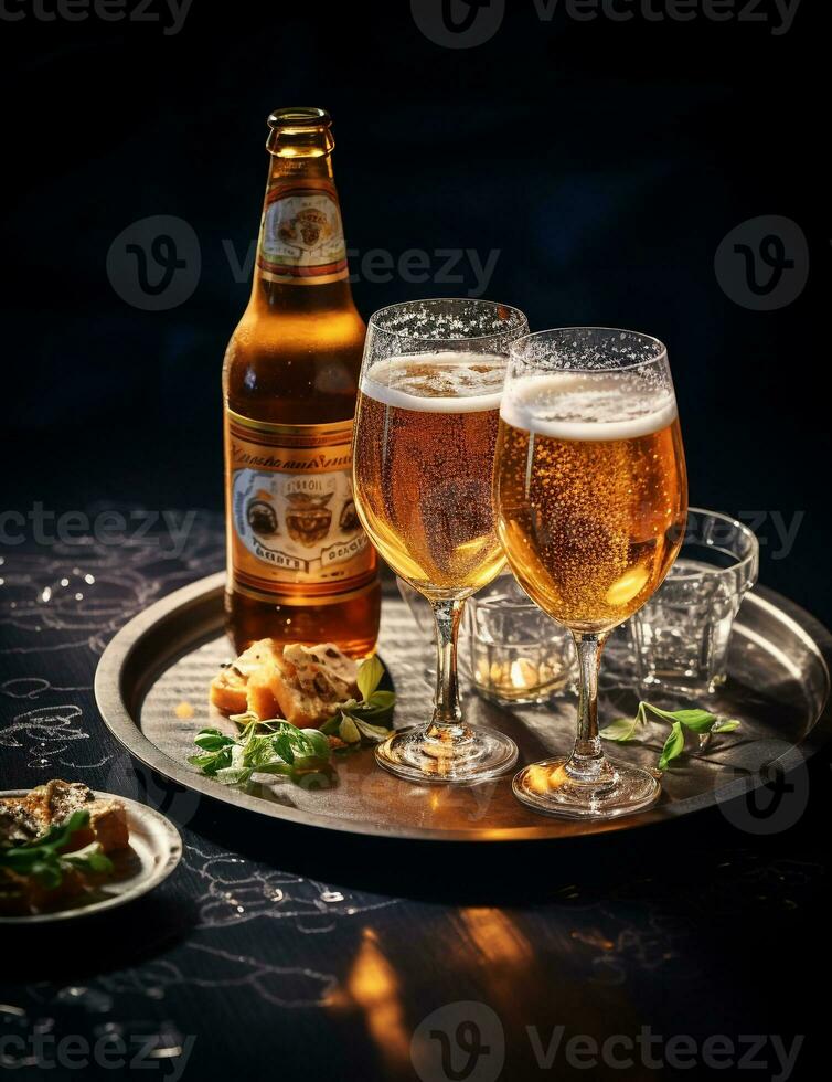 Photo of some Beer drink elegantly plated on a table. Generative AI