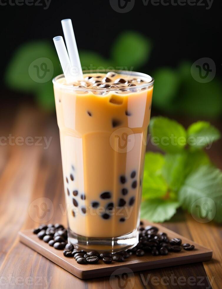 Photo of some Bubble Tea drink elegantly plated on a table. Generative AI