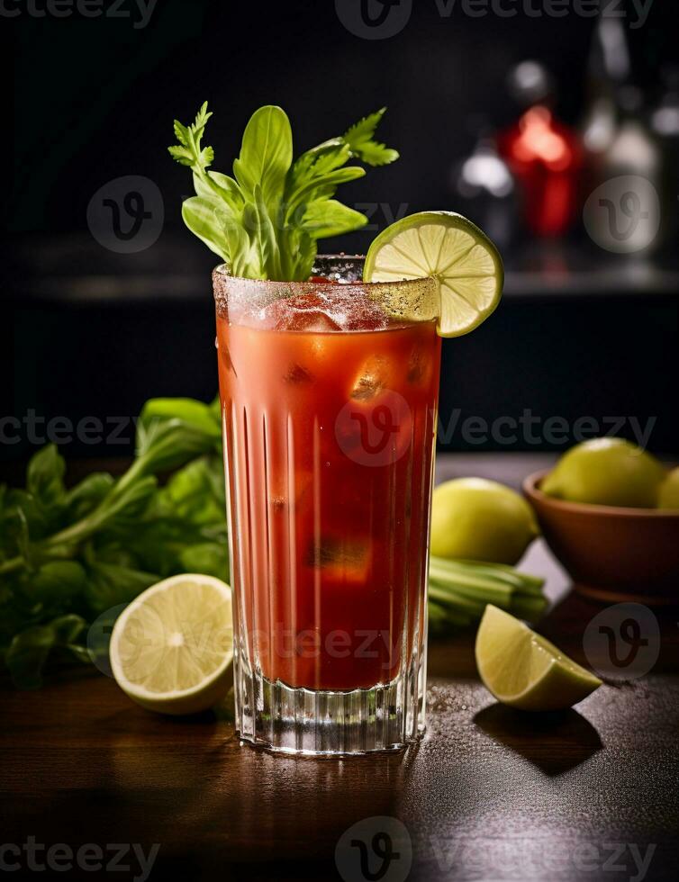 Photo of some Bloody Mary drink elegantly plated on a table. Generative AI