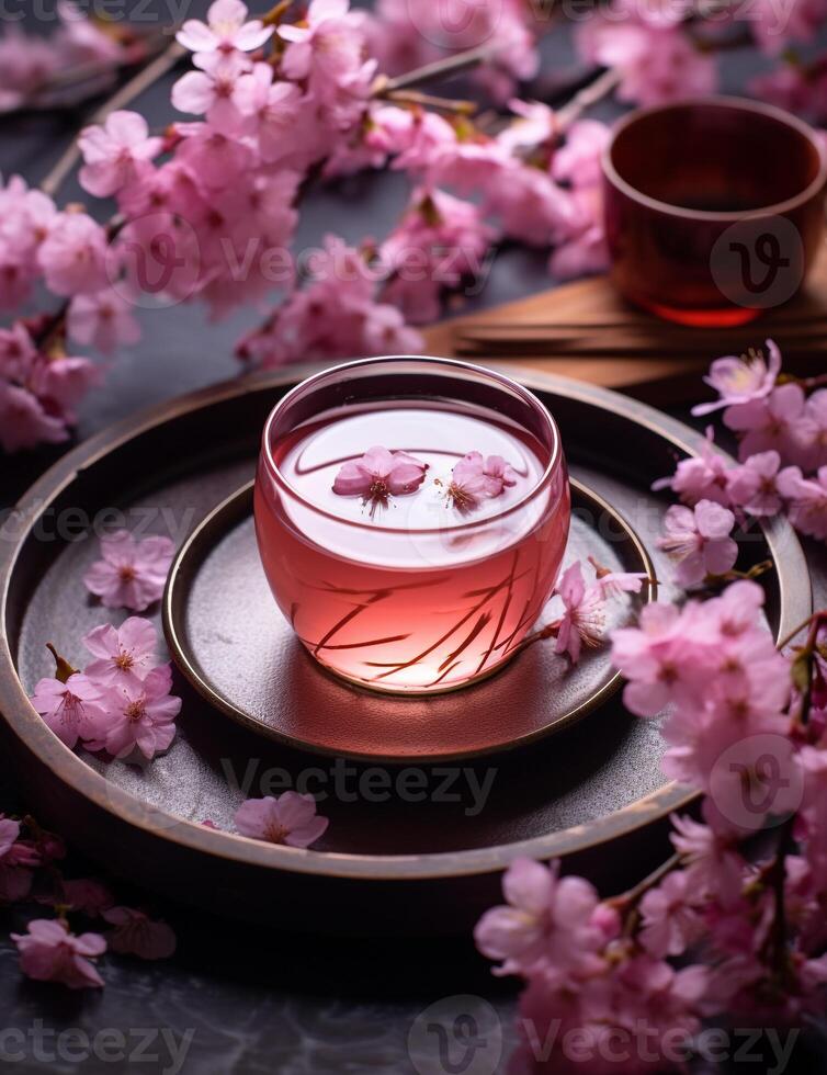 Photo of some Cherry Blossom Tea drink elegantly plated on a table. Generative AI 30708371 Stock