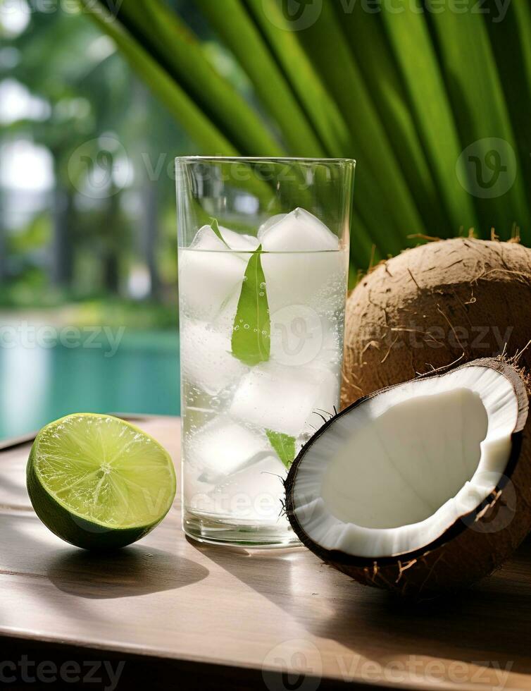 Photo of some Coconut Water drink elegantly plated on a table. Generative AI