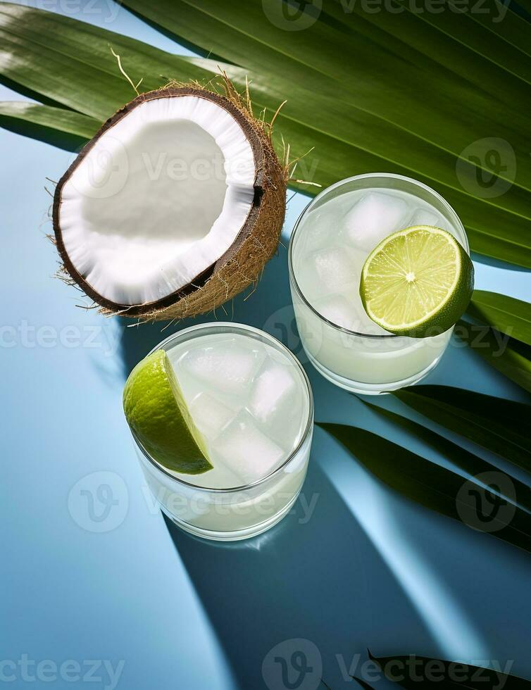 Photo of some Coconut Water drink elegantly plated on a table. Generative AI