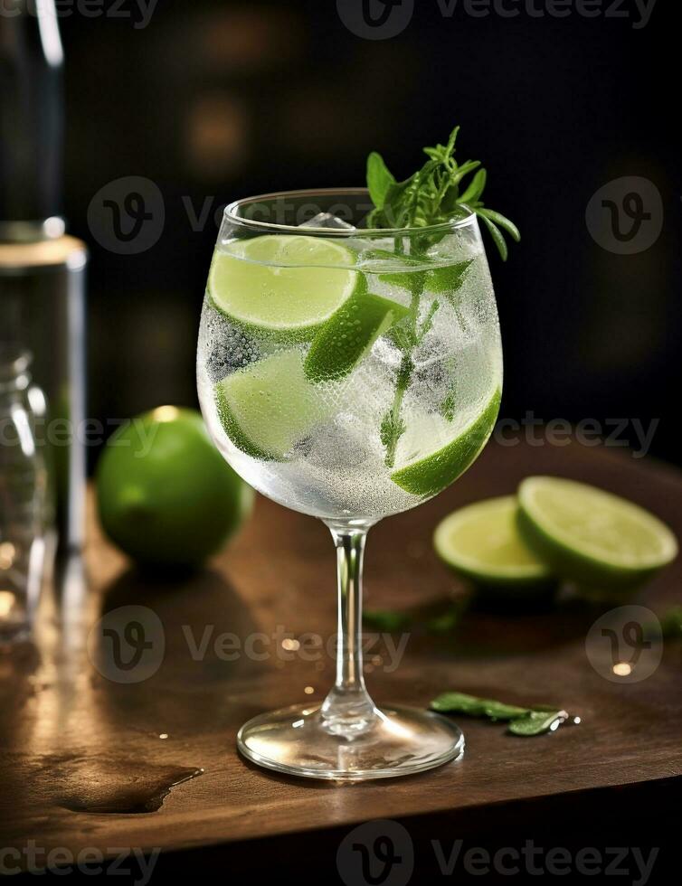 Photo of some Gin and Tonic drink elegantly plated on a table. Generative AI