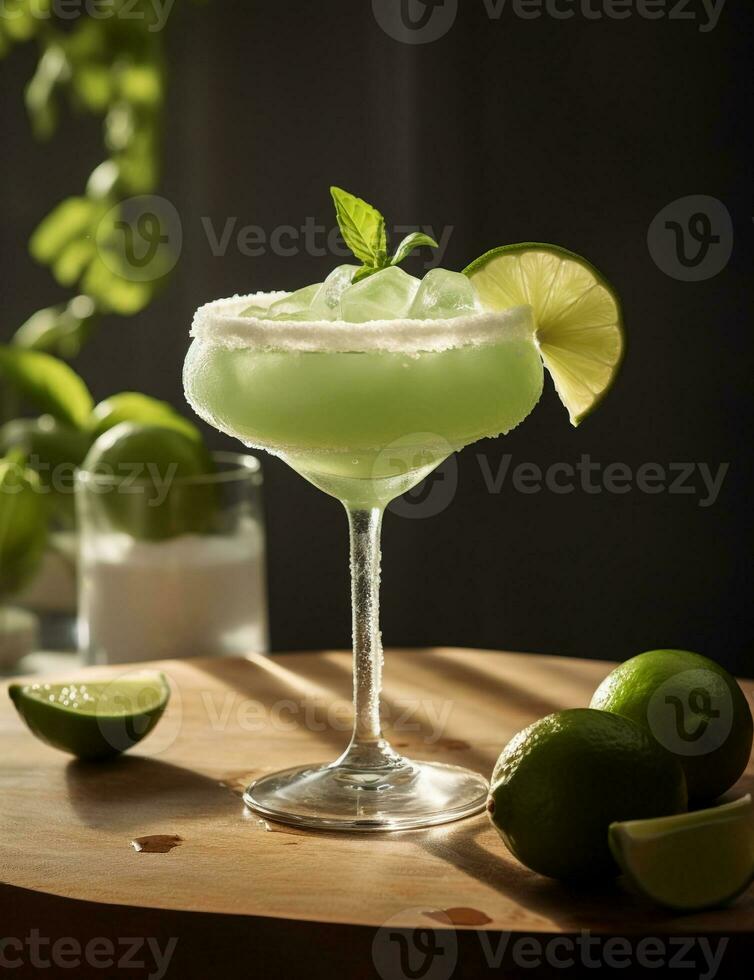 Photo of some Frozen Margarita drink elegantly plated on a table. Generative AI