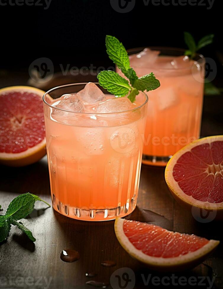 Photo of some Grapefruit Spritzer drink elegantly plated on a table. Generative AI