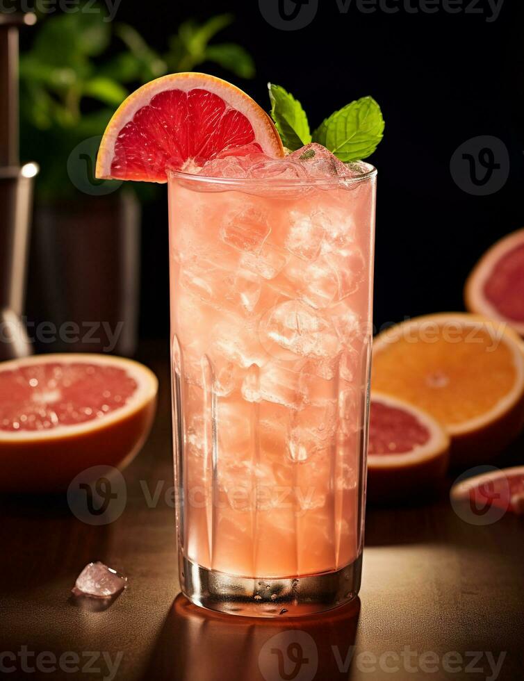 foto de algunos pomelo spritzer bebida esmeradamente chapado en un mesa. generativo ai