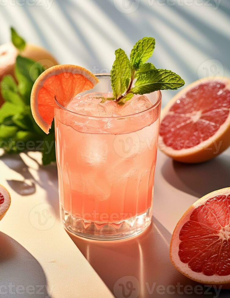 foto de algunos pomelo spritzer bebida esmeradamente chapado en un mesa. generativo ai