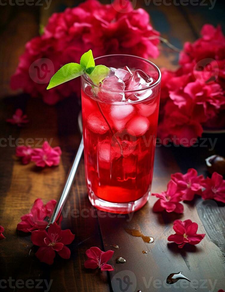 Photo of some Hibiscus Iced Tea drink elegantly plated on a table. Generative AI