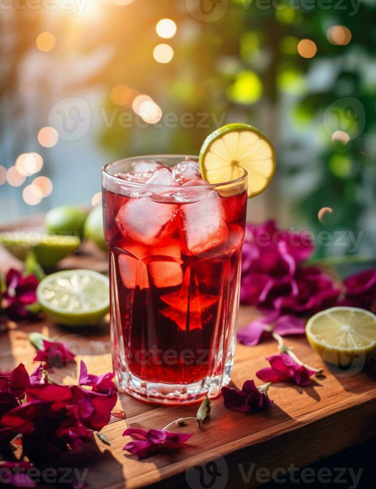 Photo of some Hibiscus Iced Tea drink elegantly plated on a table. Generative AI