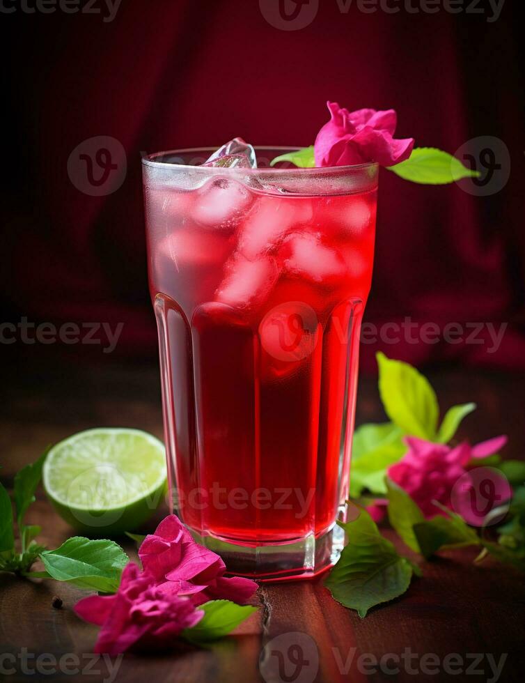 Photo of some Hibiscus Iced Tea drink elegantly plated on a table. Generative AI