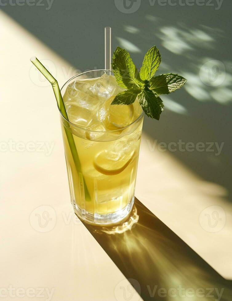 Photo of some Iced Green Tea drink elegantly plated on a table. Generative AI