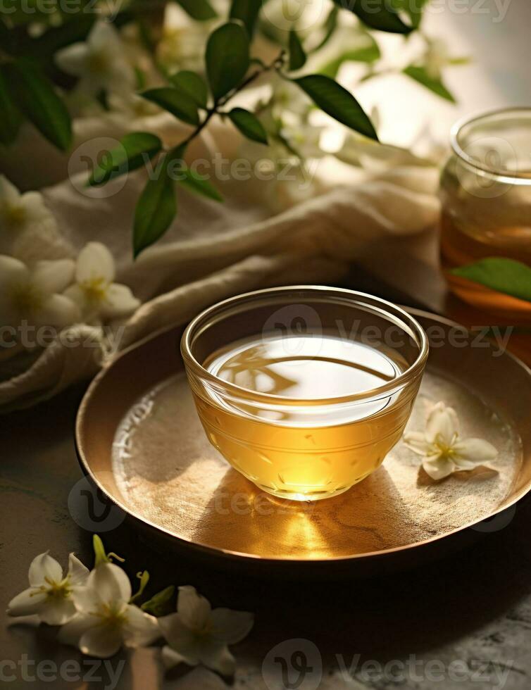 Photo of some Jasmine Tea drink elegantly plated on a table. Generative AI