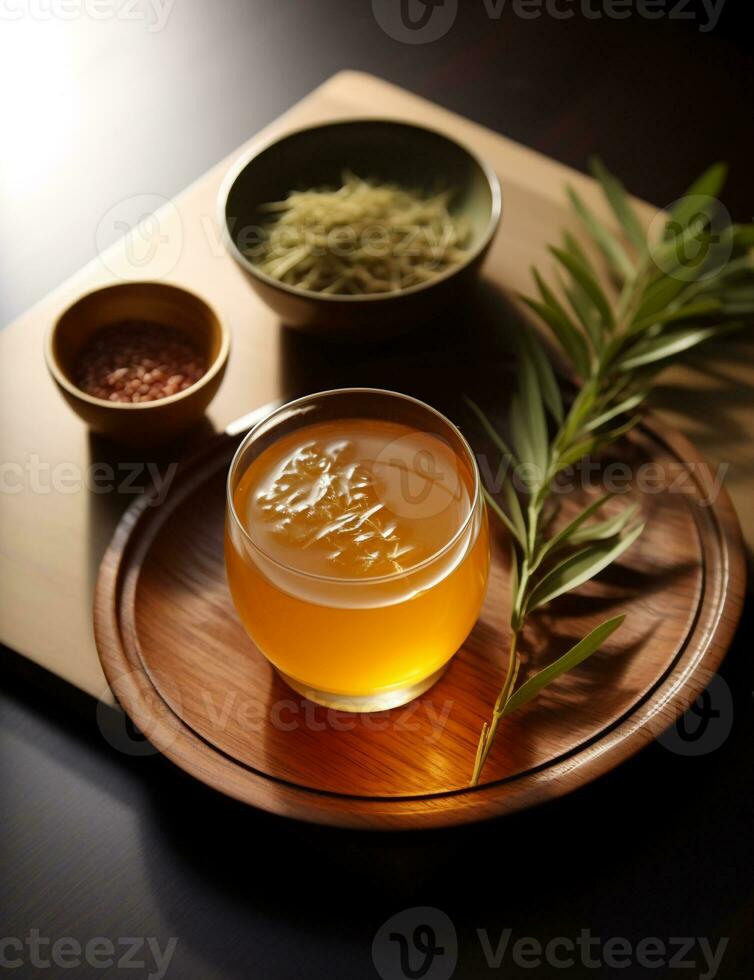 Photo of some Korean Barley Tea drink elegantly plated on a table. Generative AI