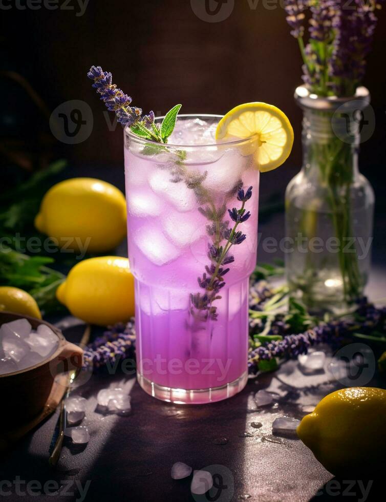 Photo of some Lavender Lemonade drink elegantly plated on a table. Generative AI