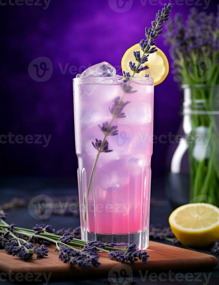 Photo of some Lavender Lemonade drink elegantly plated on a table. Generative AI