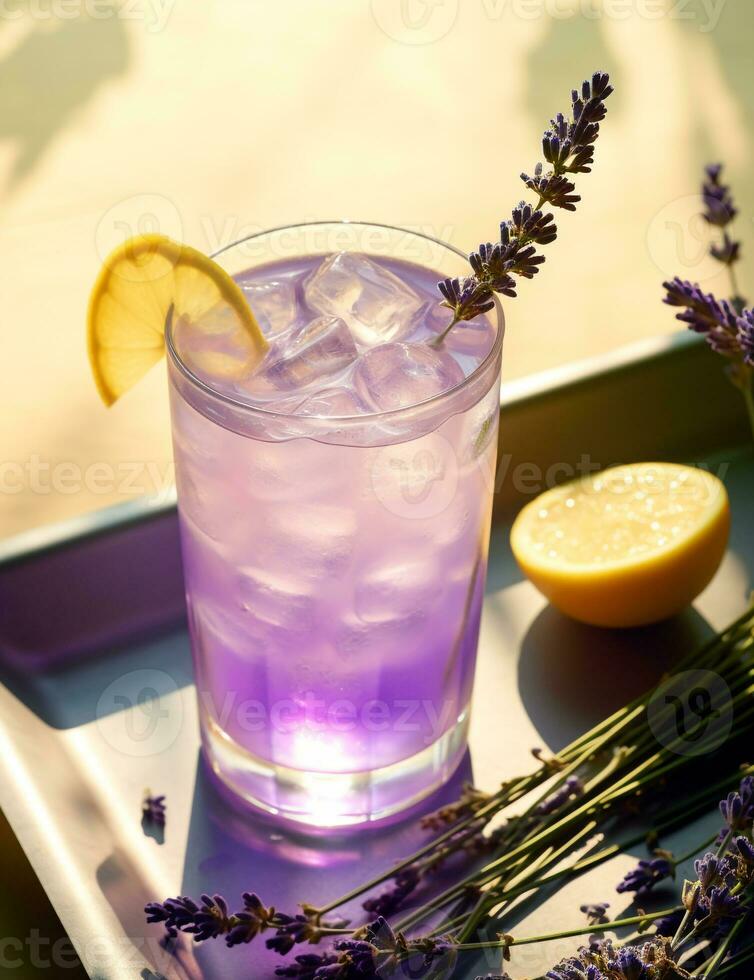 Photo of some Lavender Lemonade drink elegantly plated on a table. Generative AI