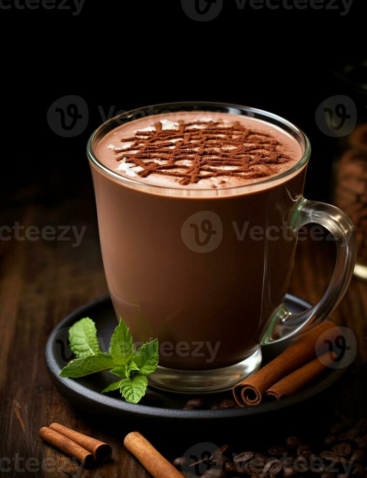 Photo of some Mexican Hot Chocolate drink elegantly plated on a table. Generative AI