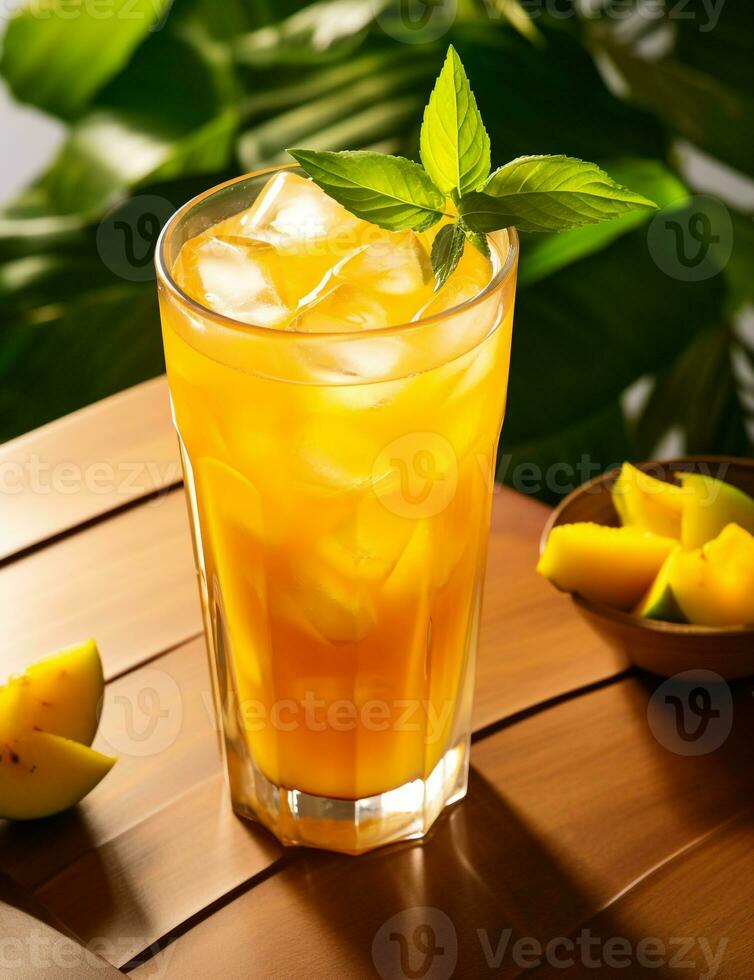 Photo of some Mango Iced Tea drink elegantly plated on a table. Generative AI