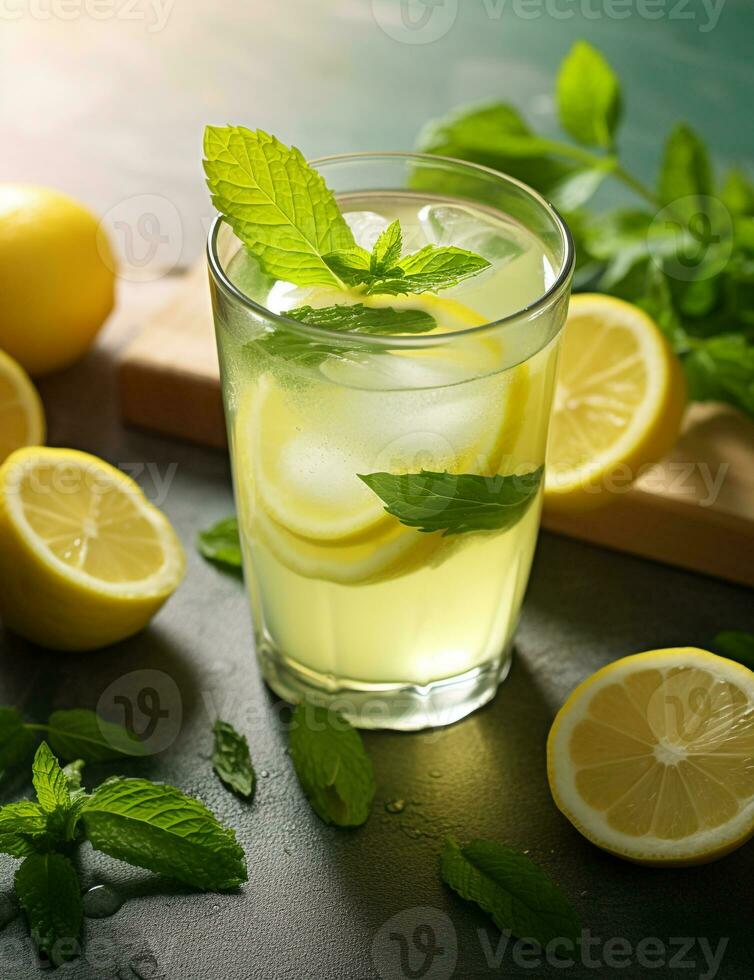 Photo of some Mint Lemonade drink elegantly plated on a table. Generative AI