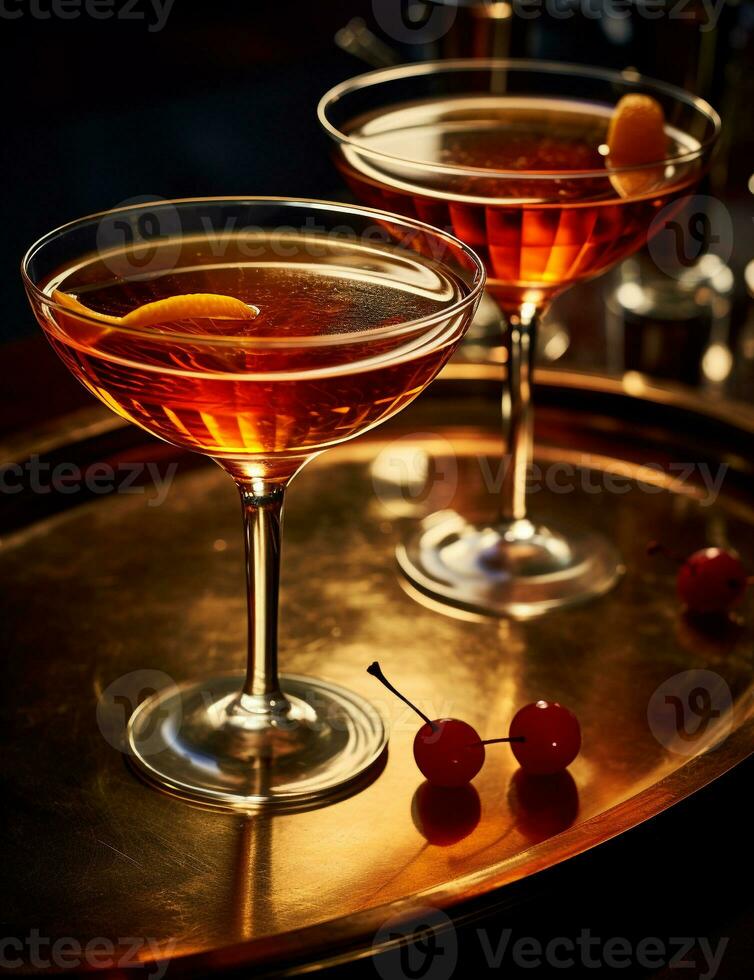 Photo of some Manhattan drink elegantly plated on a table. Generative AI