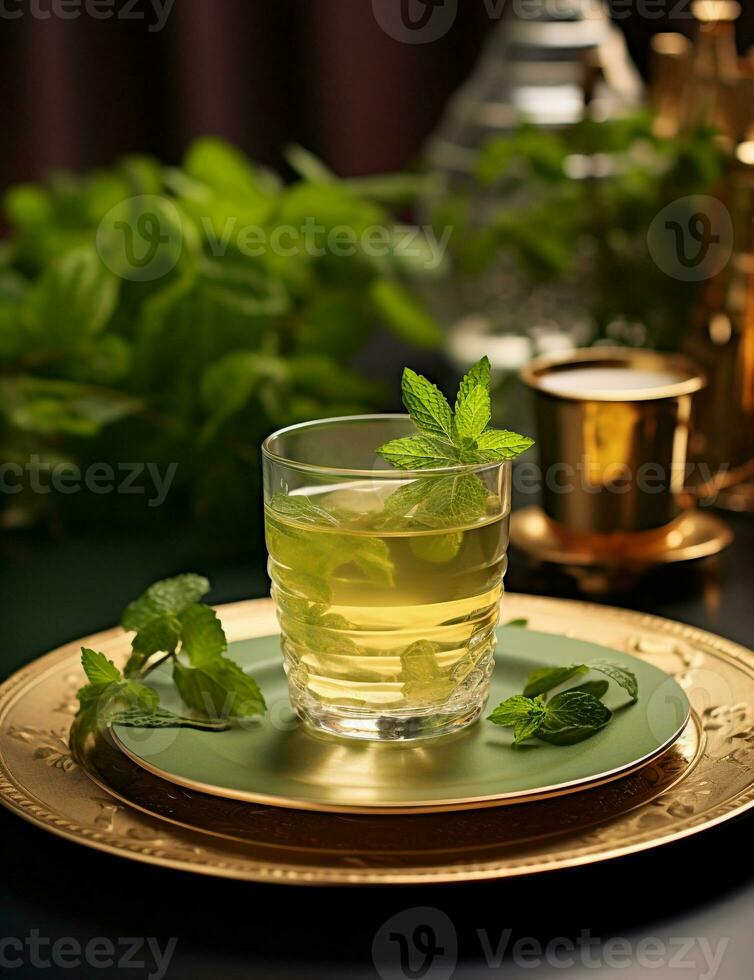 Photo of some Mint Tea drink elegantly plated on a table. Generative AI