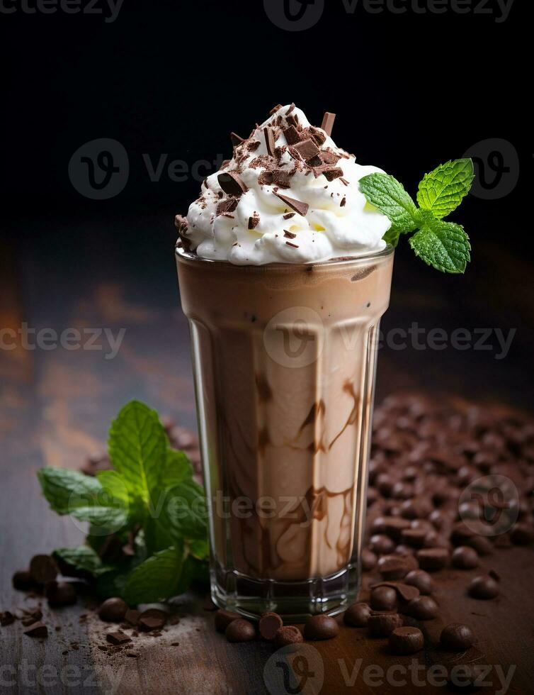 Photo of some Mocha Peppermint Shake drink elegantly plated on a table. Generative AI