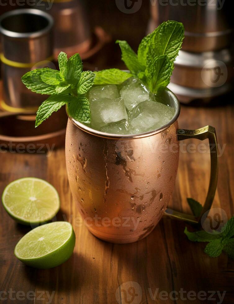 Photo of some Moscow Mule drink elegantly plated on a table. Generative AI
