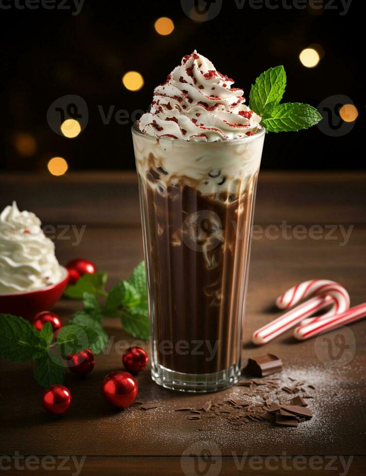 Photo of some Peppermint Mocha drink elegantly plated on a table. Generative AI