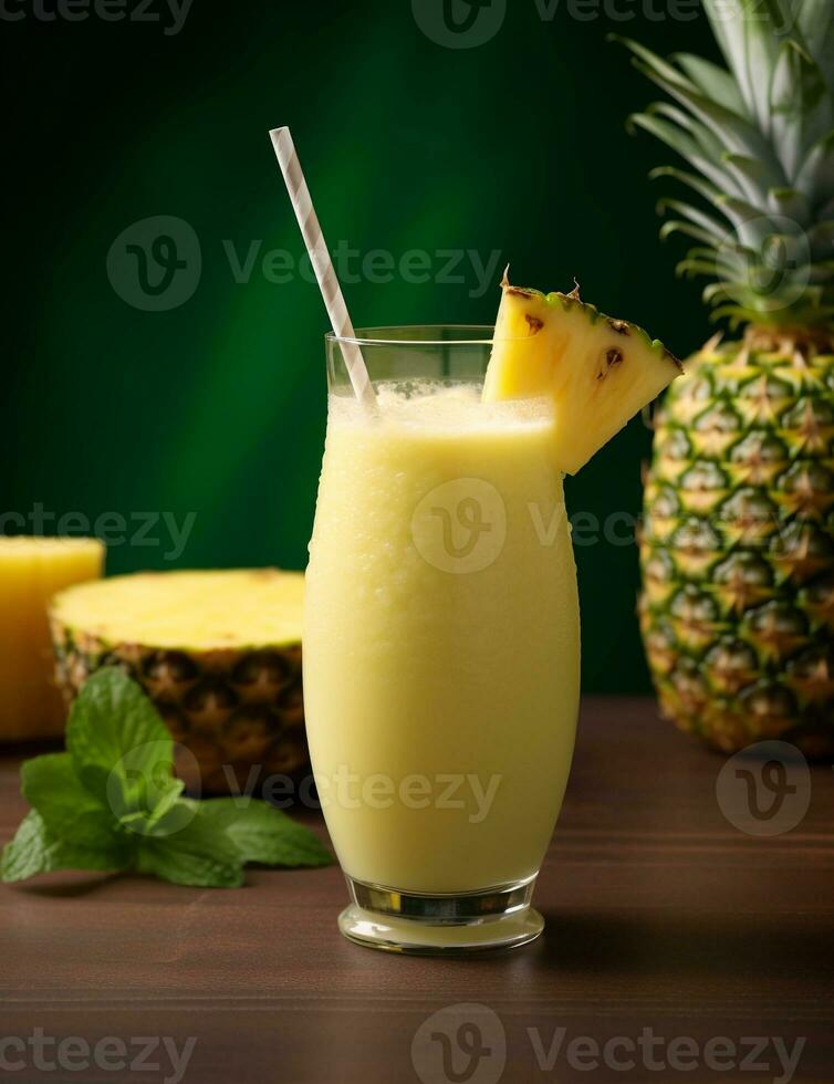 Photo of some Pineapple Gingerale Smoothie drink elegantly plated on a table. Generative AI