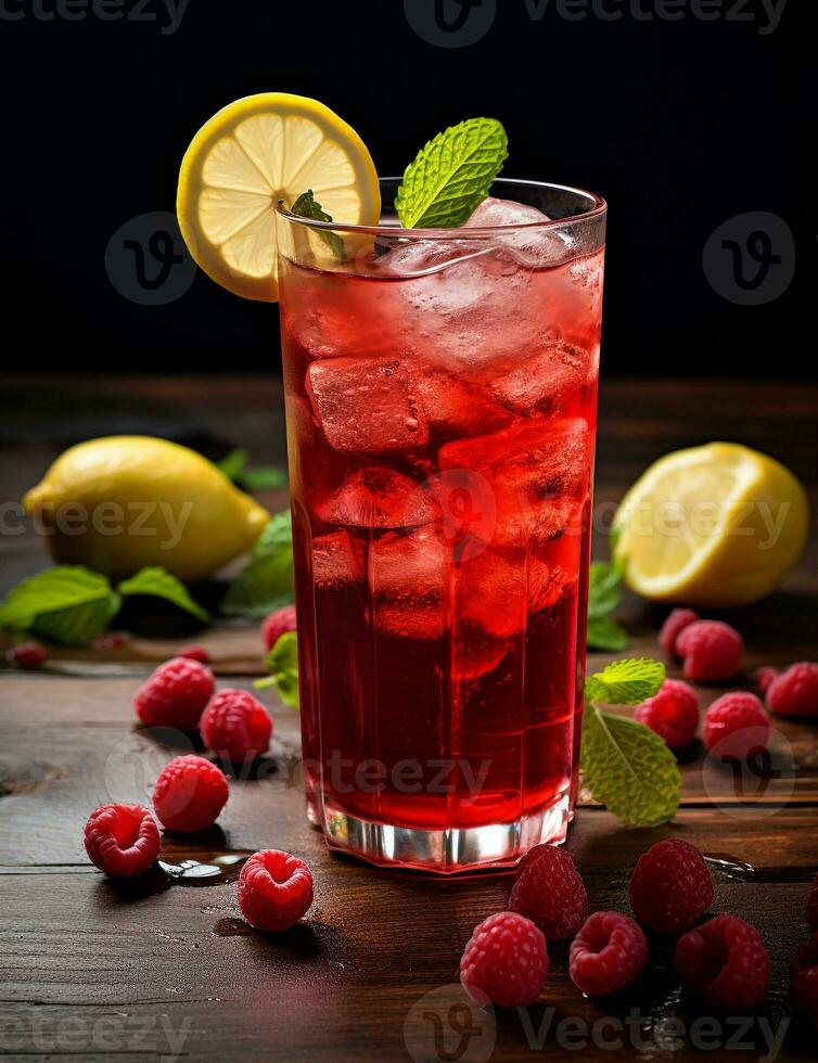 Photo of some Raspberry Iced Tea drink elegantly plated on a table. Generative AI