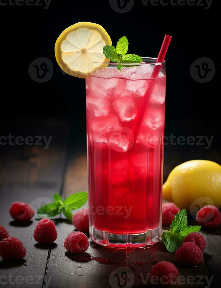 Photo of some Raspberry Lemonade drink elegantly plated on a table. Generative AI