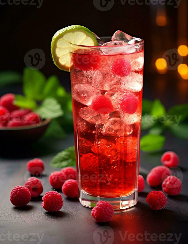 Photo of some Raspberry Iced Tea drink elegantly plated on a table. Generative AI