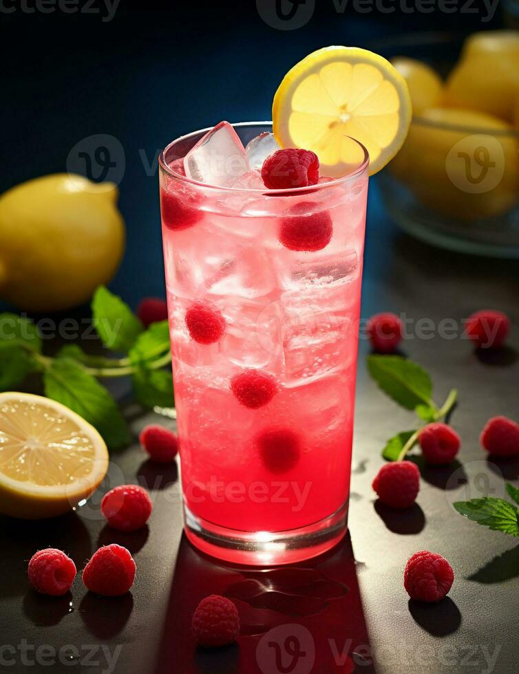 Photo of some Raspberry Lemonade drink elegantly plated on a table. Generative AI