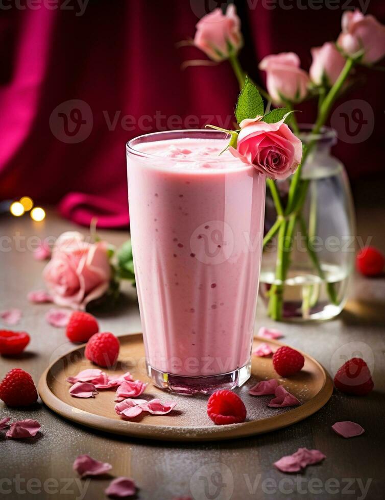 Photo of some Rose Milk drink elegantly plated on a table. Generative AI