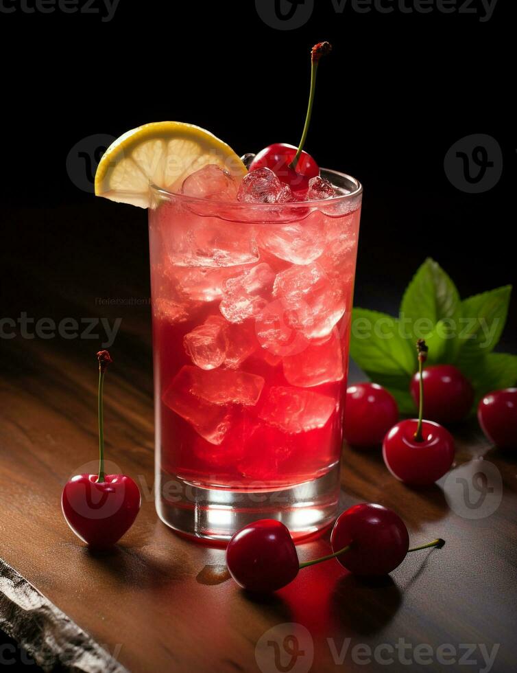 Photo of some Shirley Temple drink elegantly plated on a table. Generative AI