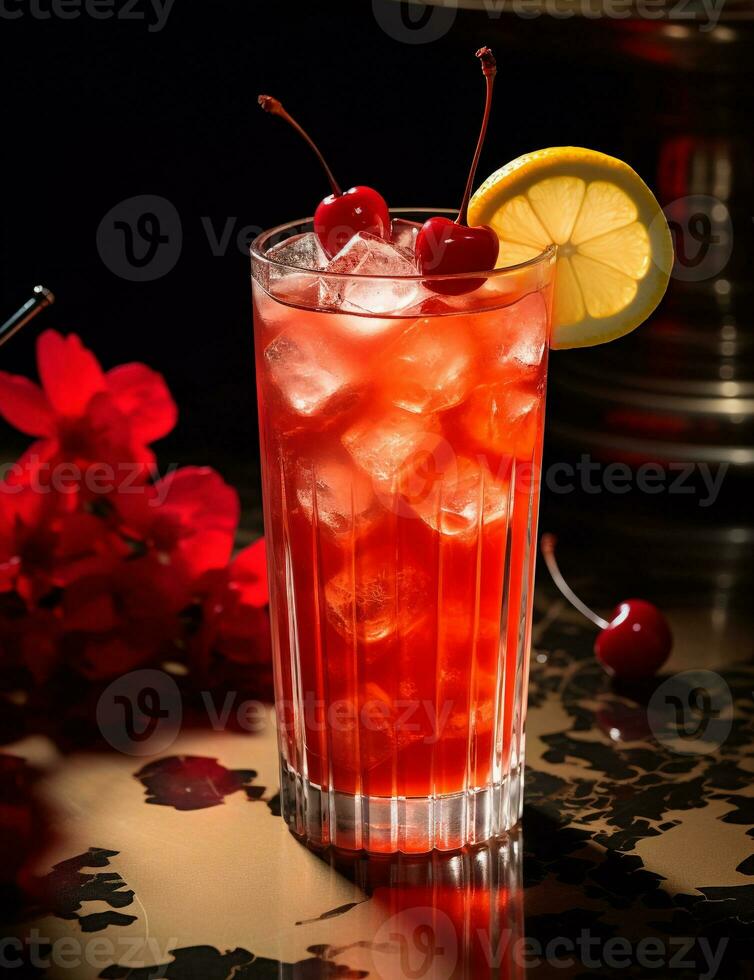 Photo of some Shirley Temple drink elegantly plated on a table. Generative AI