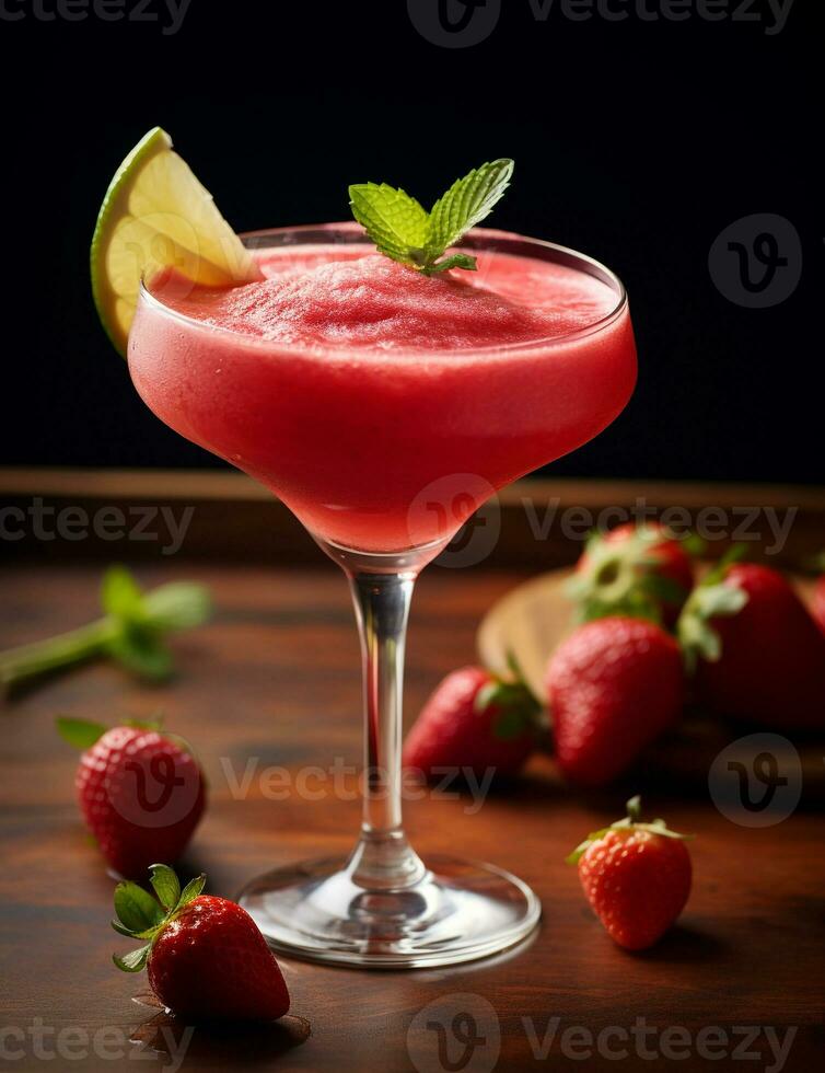 Photo of some Strawberry Daiquiri drink elegantly plated on a table. Generative AI