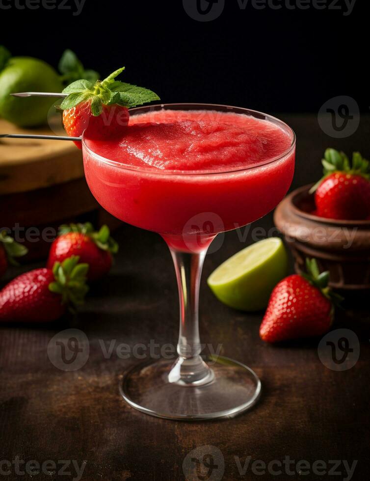 Photo of some Strawberry Daiquiri drink elegantly plated on a table. Generative AI